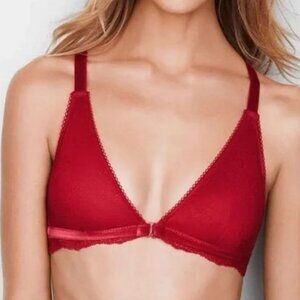 Victoria's Secret Vibrant Red Chantilly Lace & Velvet Front Close Bralette Sz XL